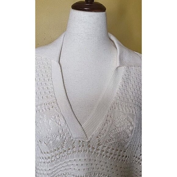 ELAN Crochet Patches Womens Large V Neck Sweater Off White Collared Cream Knit - Picture 2 of 9